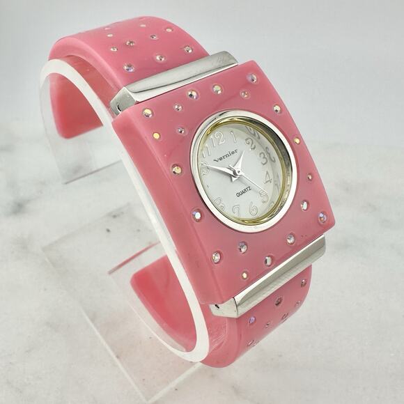 Vernier Plastic Pink Wide Cuff Rhinestone Women’s Watch, New Battery - Picture 1 of 14